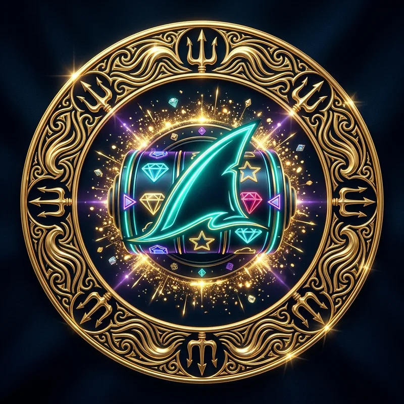 Gold casino crest medallion, teal shark fin core, evidence and trust theme