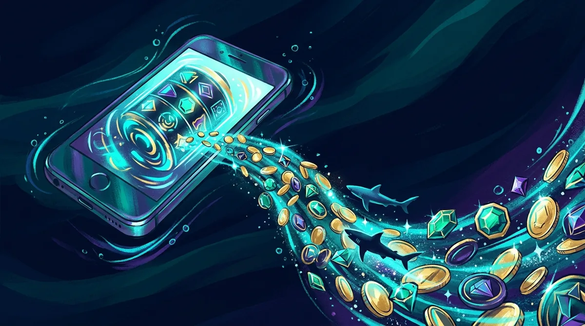 Smartphone underwater with coins and gems streaming from the screen like fish