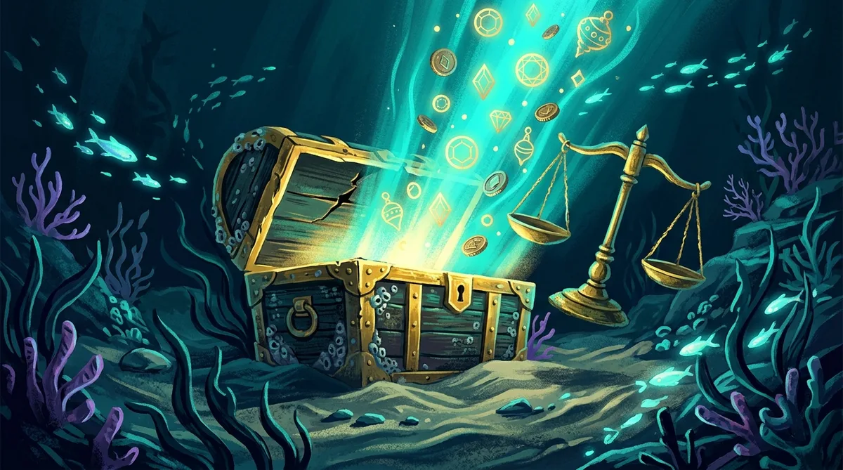Treasure chest beaming light beside a golden scale weighing value