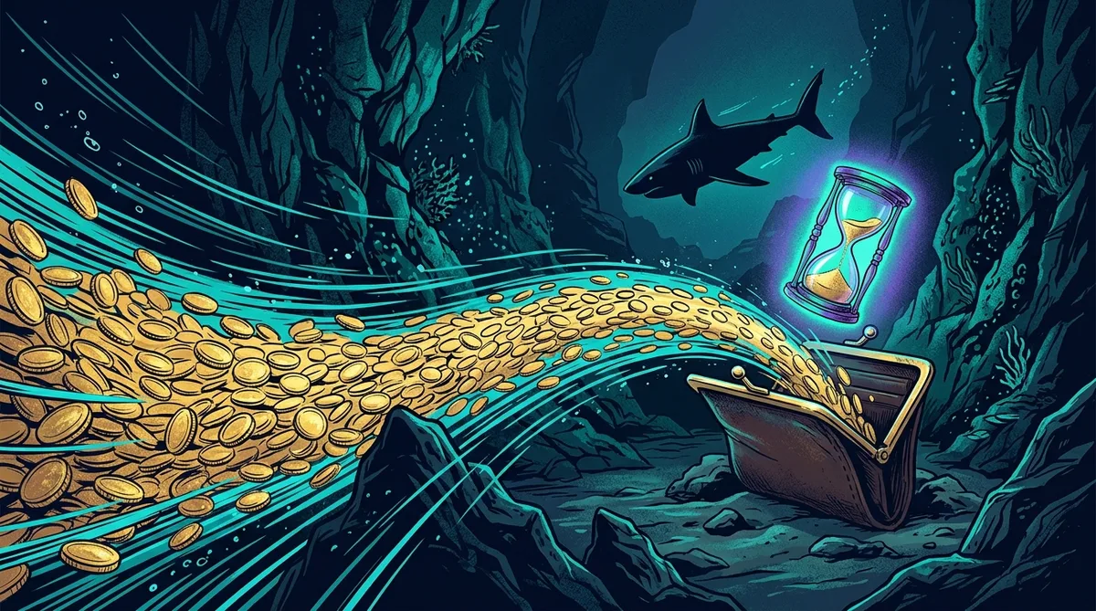 Current of gold coins racing to a wallet with an hourglass and shark escort