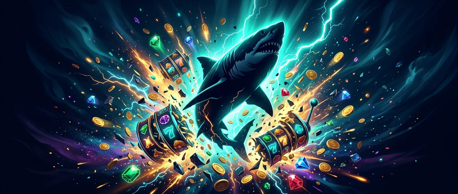 Shark silhouette bursting through exploding slot reels, coins and cyan lightning